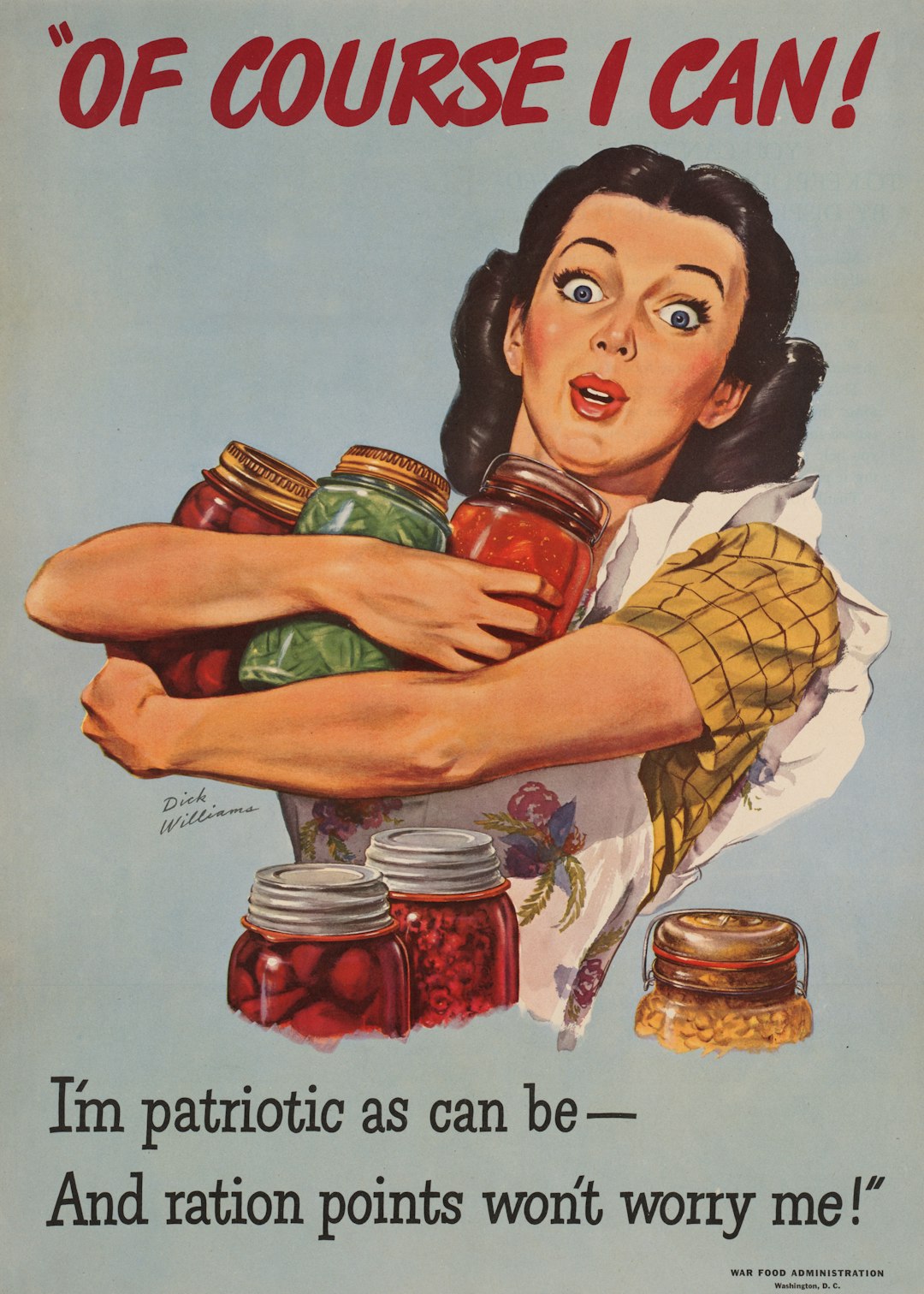 A woman holding several glass jars of preserved food against a light blue background