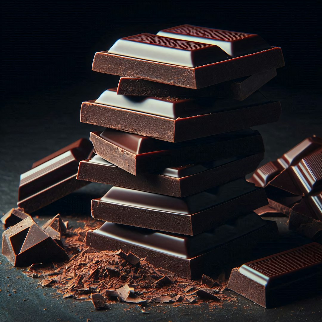 Stacked dark chocolate bars look delicious